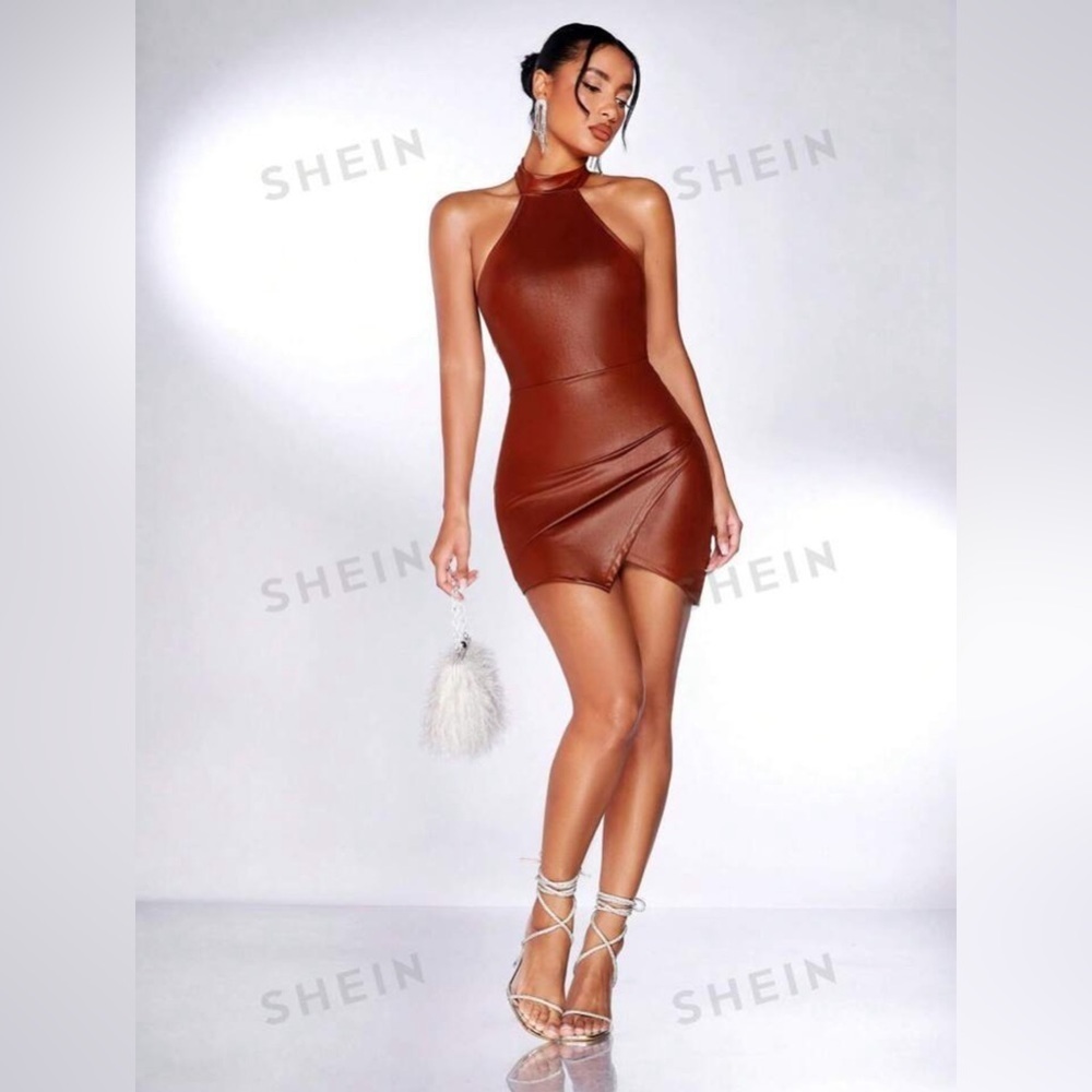 SHEIN Rust Brown Asymmetrical Hem Open Back PU leather Bodycon Party Dress Sz XS